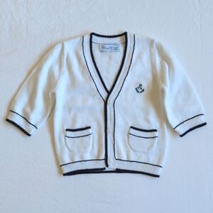 mayoral preppy white cotton knit cardigan sweater with navy trim 1-2 months baby